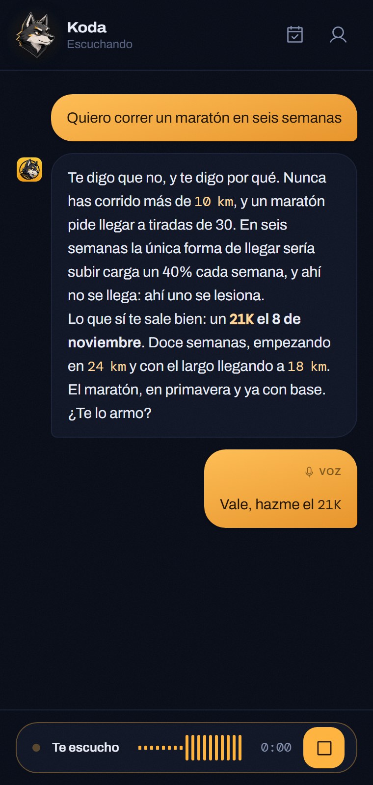 La aplicación grabando un mensaje de voz, con la forma de onda del micrófono y el cronómetro.